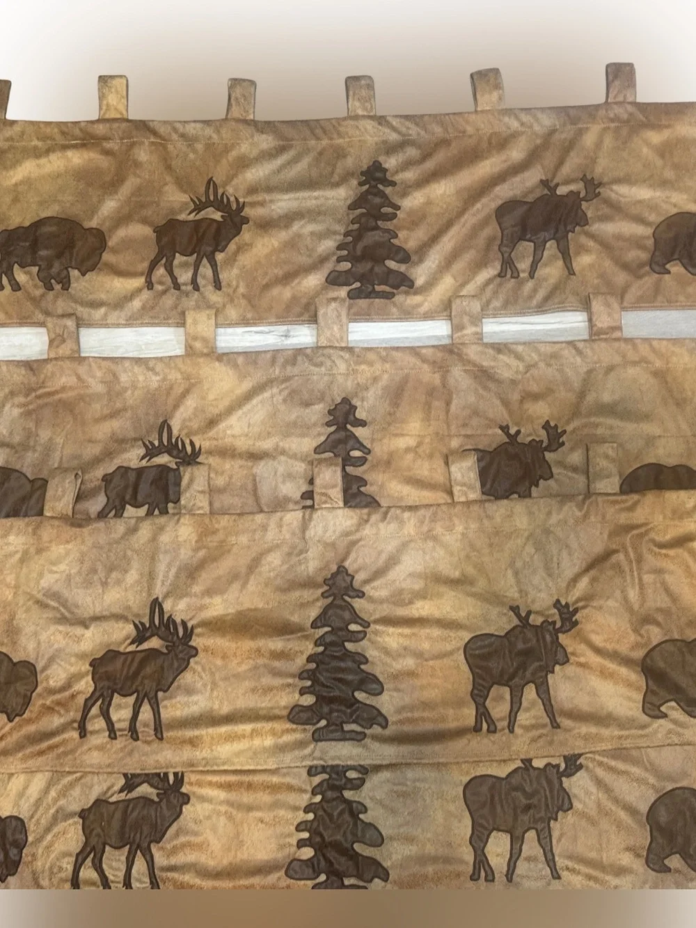 Set of 4 Faux Suede Rustic Moose, Bear, Pine Tree Curtain Adirondack- Brown